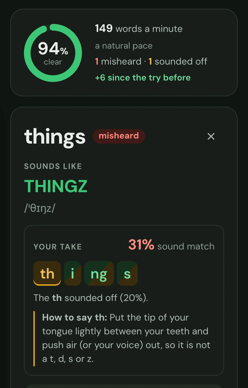 The score and the word card for things in dark mode.
