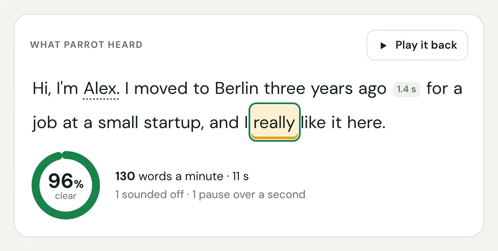 What Parrot heard of a talk: Hi, I'm Alex, with Alex underlined as a name, a pause of 1.4 seconds marked after three years ago, really marked amber, and the score 96% clear at 130 words a minute.