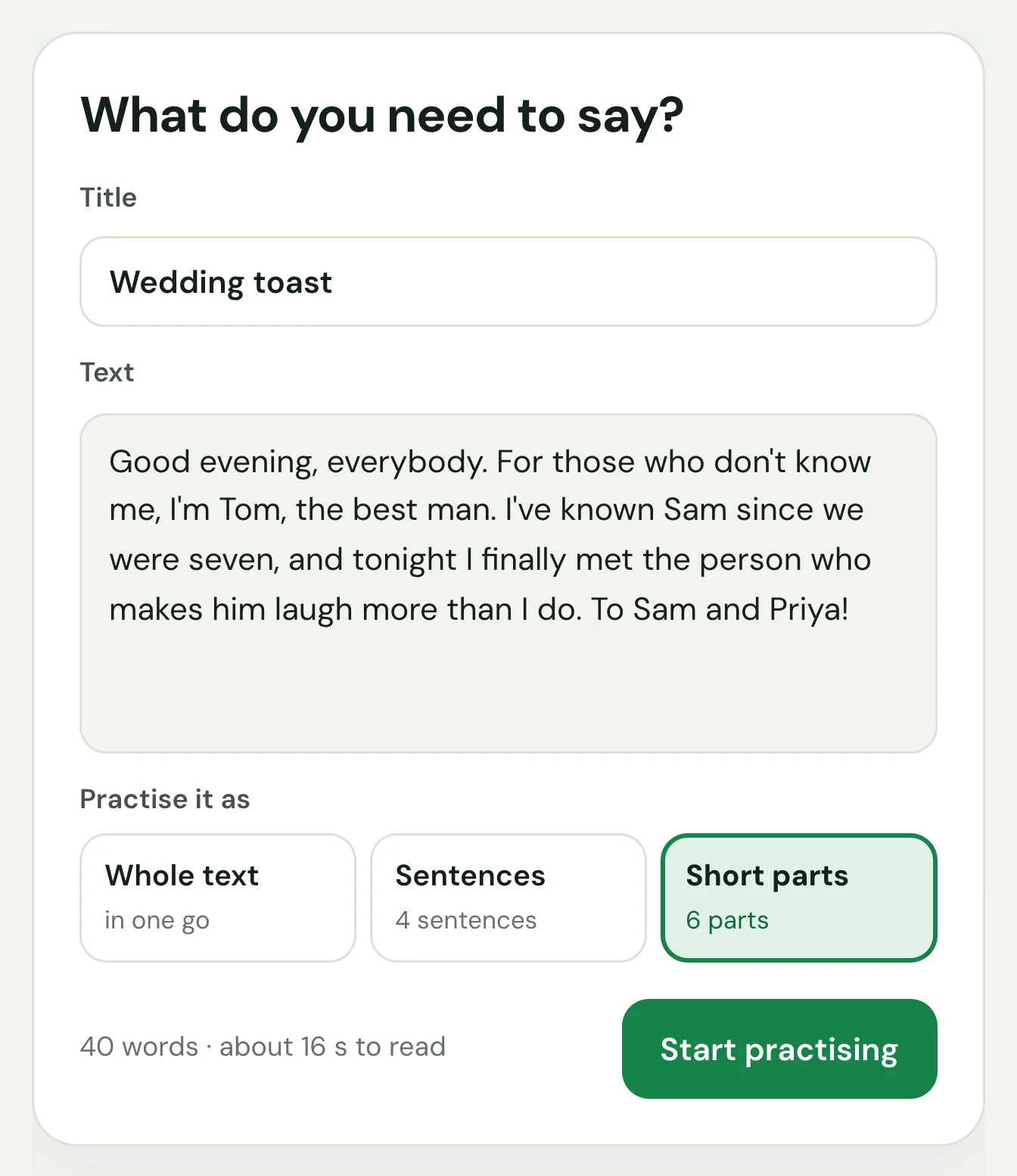 The new-text box with a wedding toast pasted in, and the choice to practise it whole, in 4 sentences or in 6 short parts.