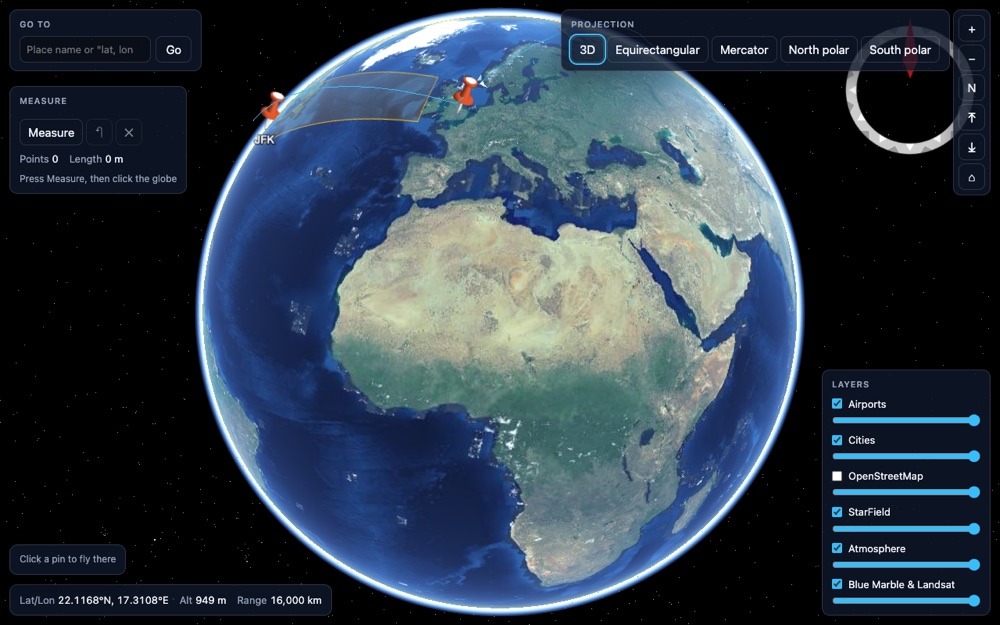 The React demo, a 3D globe with widgets